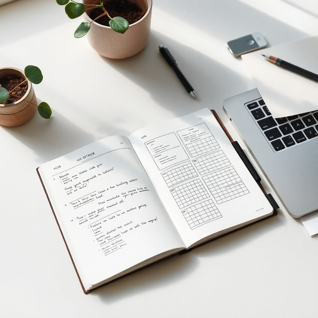 Open notebook with UI notes and grid sketches, beside a muted-toned laptop, plant, and design materials. Soft natural lighting and warm neutral tones.