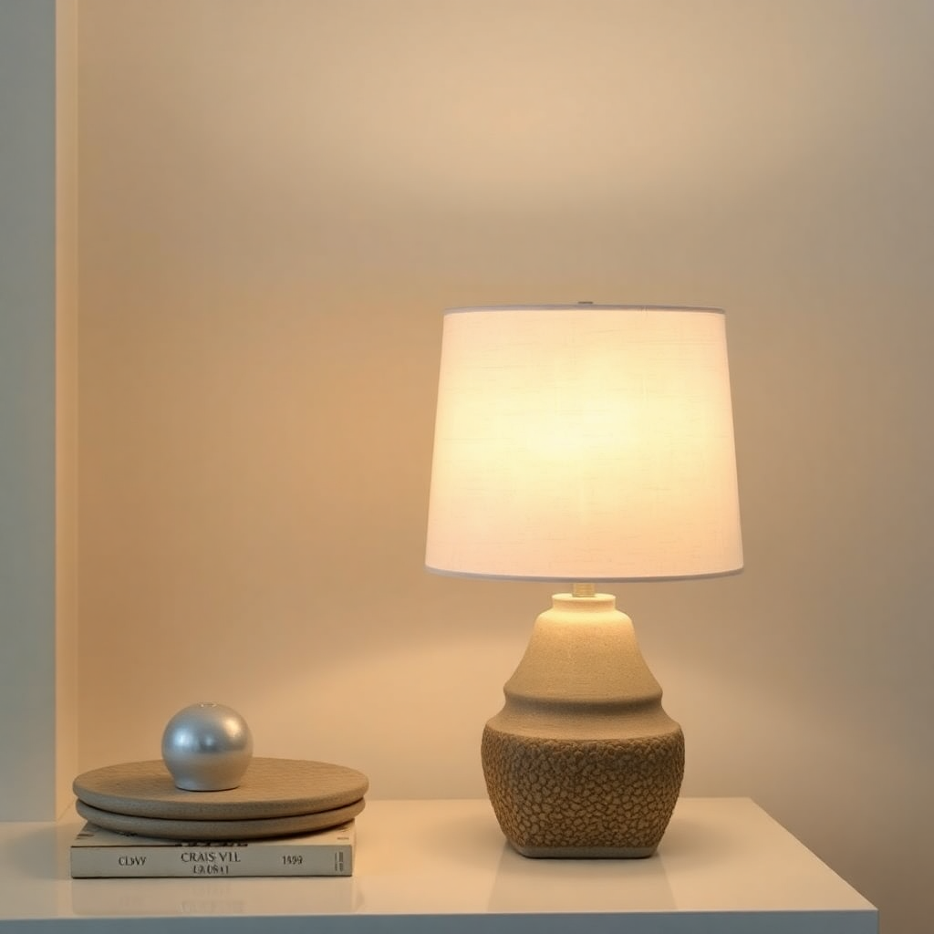 ceramic table lamp with textured base and linen shade, warm lighting, styled photography