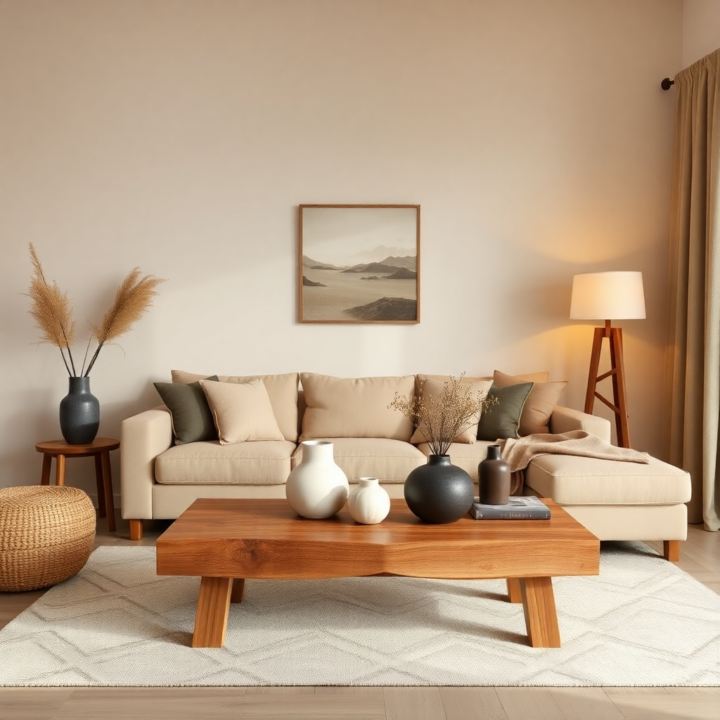 modern living room with warm earthy tones, natural materials, wooden coffee table, comfortable beige sofa, ceramic vases, warm lighting, styled photography