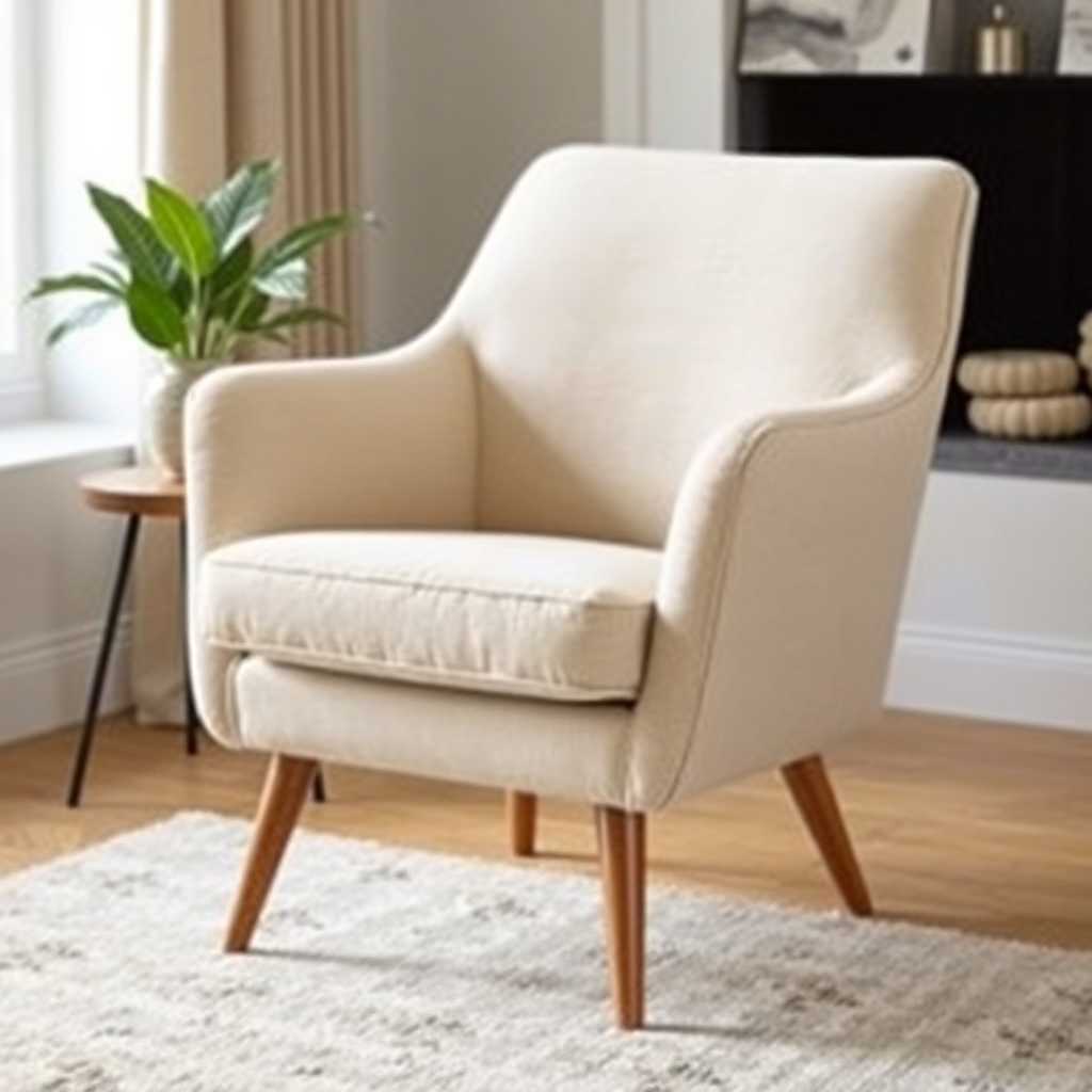contemporary beige linen upholstered armchair with wooden legs, styled photography