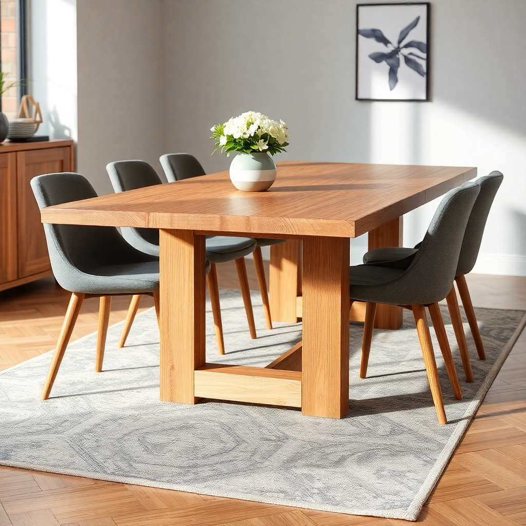 modern oak wooden dining table with natural finish, styled photography